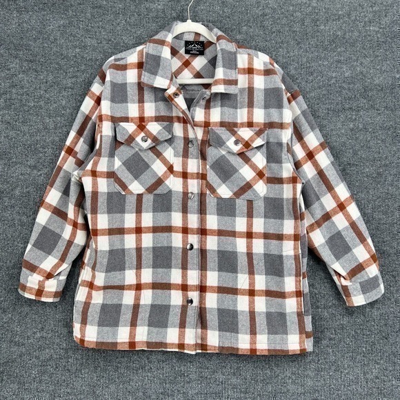 HFX Jackets & Blazers - HFX Womens S Shacket Shirt Jacket Gray Rust Plaid Snap Front Pockets Oversize
